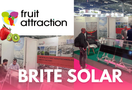 Brite Solar presenting its Agri-PV technology at Fruit Attraction 2025 in Madrid, highlighting solar innovation for agriculture.