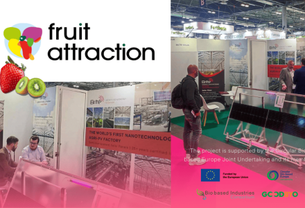 Brite Solar presenting its Agri-PV technology at Fruit Attraction 2025 in Madrid, highlighting solar innovation for agriculture.