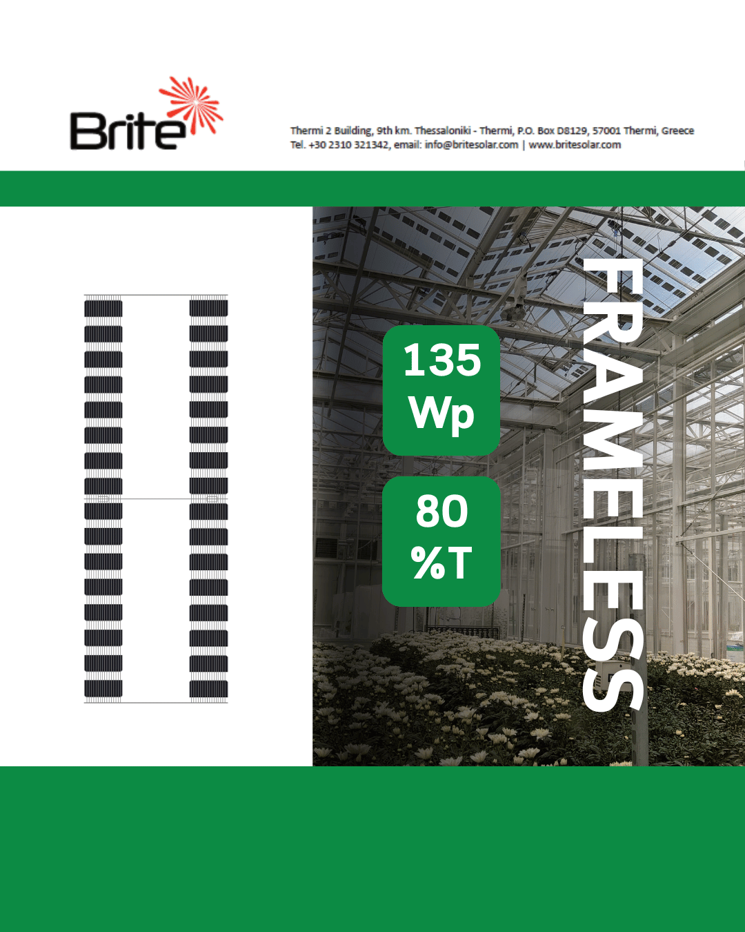 135 Wp frameless photovoltaic panel with 80% transparency for greenhouse and architectural applications.
