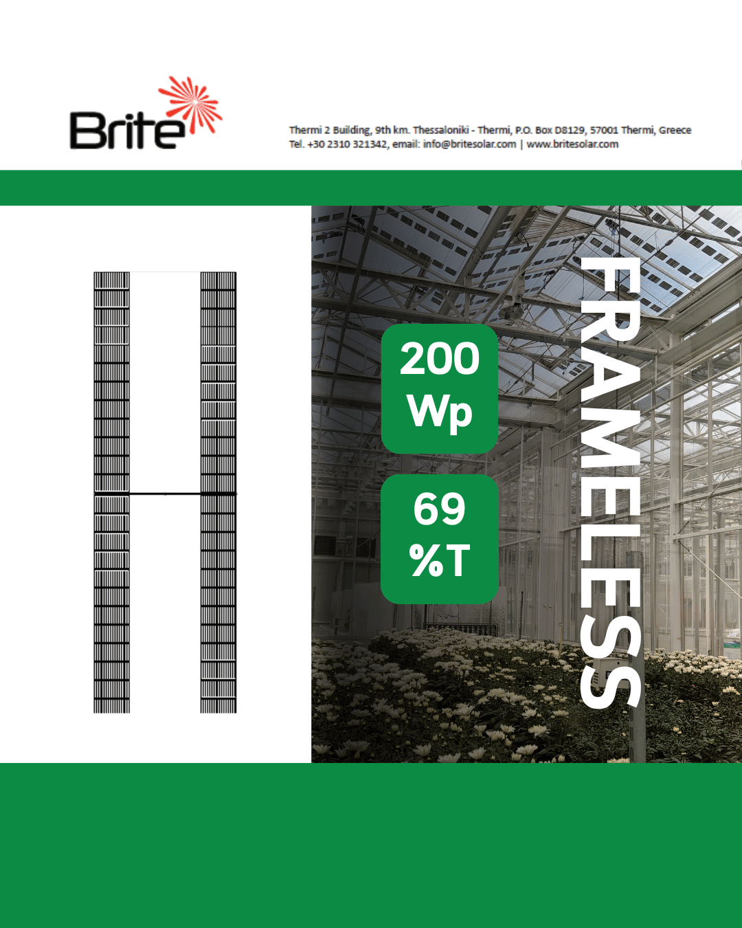 200 Wp frameless photovoltaic panel with 69% transparency for greenhouse and architectural applications.