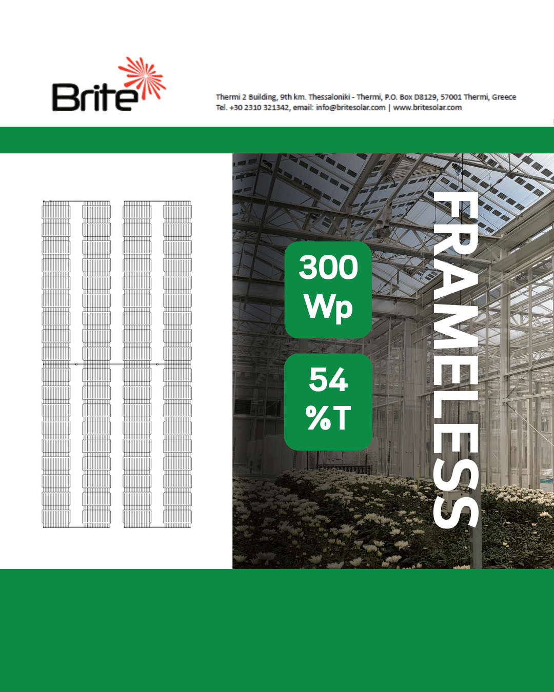 300 kWp frameless photovoltaic panel with 54% transparency for greenhouse and architectural applications.
