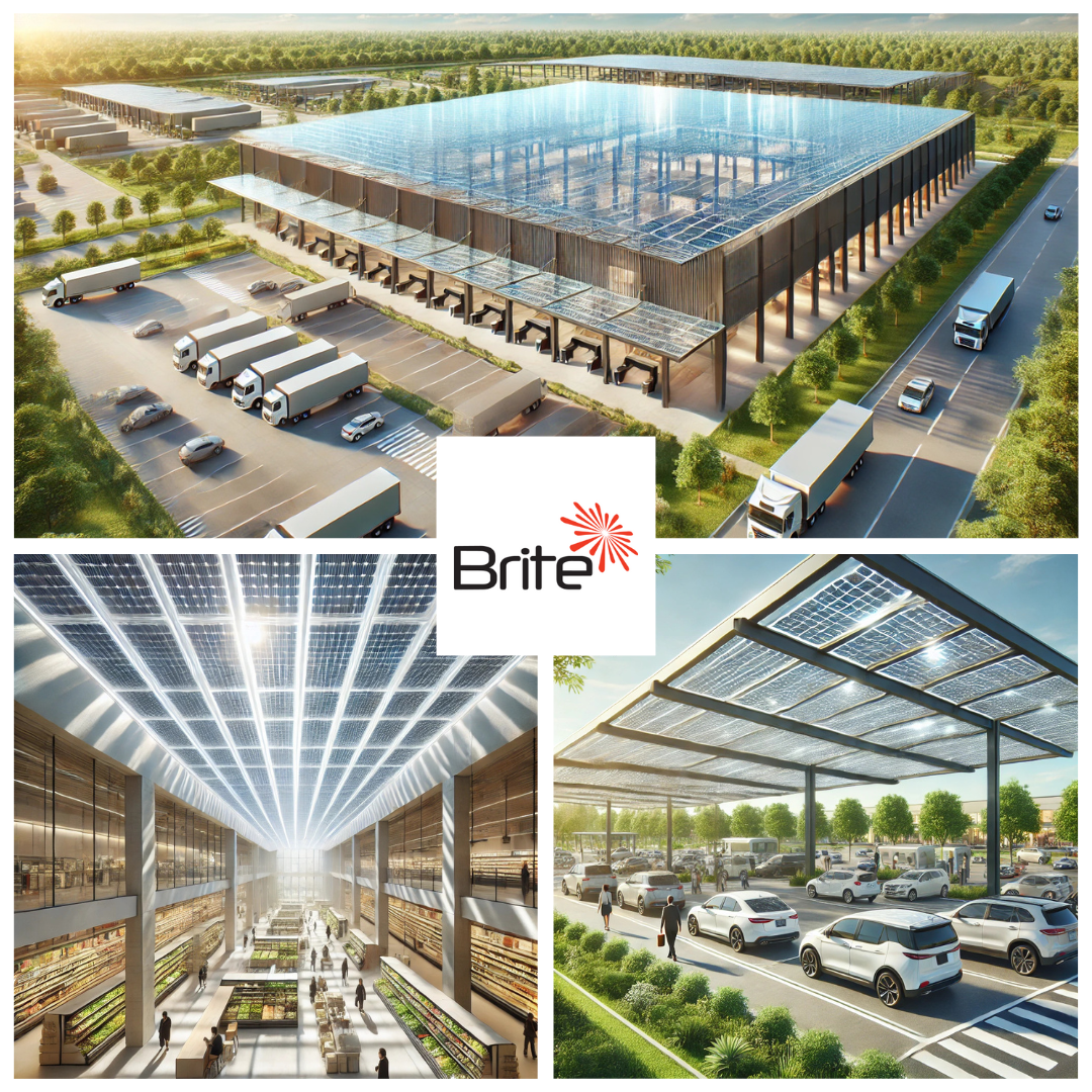 Brite Solar’s semi-transparent panels offer supermarkets and distribution centers clean energy generation, shading, and cost efficiency.